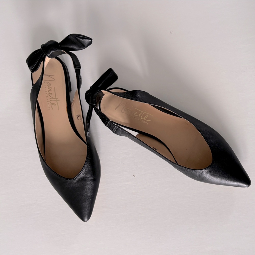 Nanette Lepore Black Pointed Toe Bow Slingback Flats